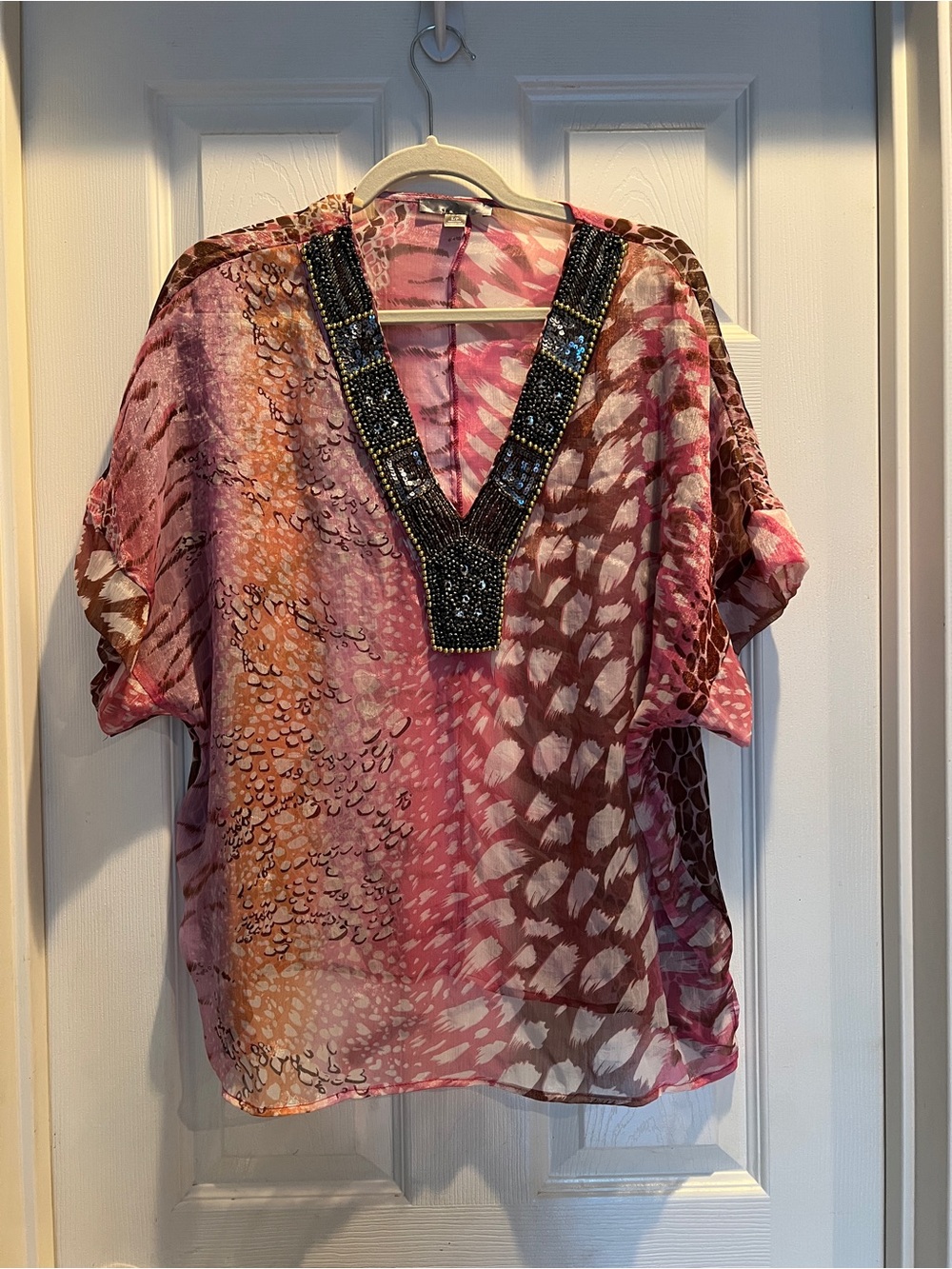 Pink Patterned Beaded V-Neck Tunic